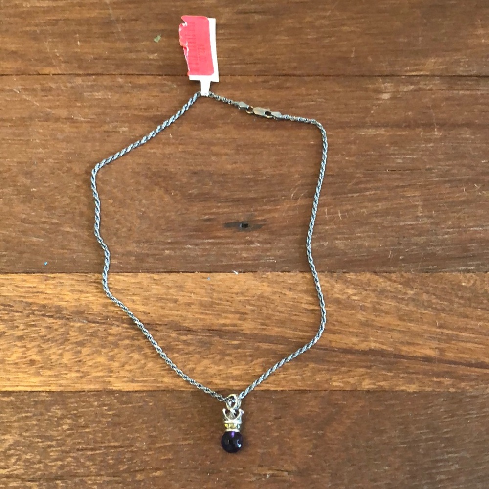 Vintage Crown Amethyst Pendant Necklace Silver Tone Gemstone Charm Jewelry